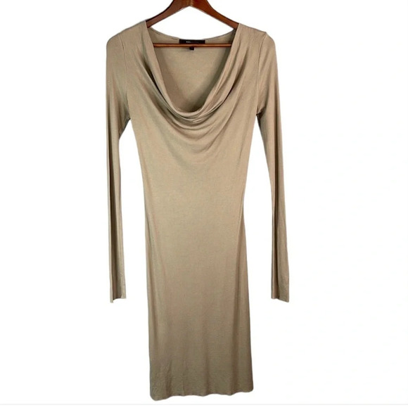 BCBGMAXAZARIA Tan Ribbed Scoop Cowl Neck Column Sheath Midi Dress Baddie Size S - Picture 2 of 11